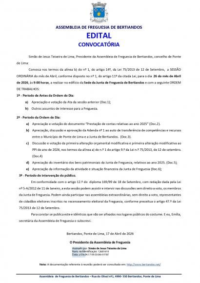 Convocat&oacute;ria P&uacute;blica Assembleia Freguesia de abril 2026