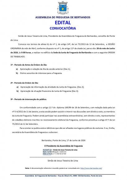 Convocat&oacute;ria P&uacute;blica Assembleia Freguesia de junho 2026